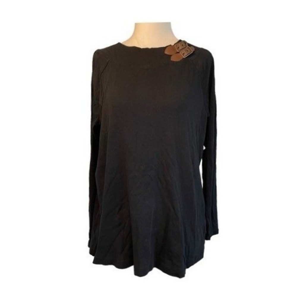 Lauren Ralph Lauren Leather Buckle Collar Sweater Black Cotton Knit‎ Crewneck 1X